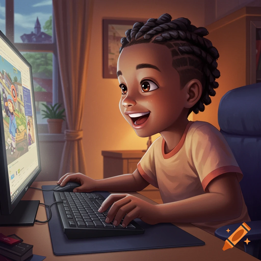 Digital painting of a young black boy smiling while playing a game on a computer.