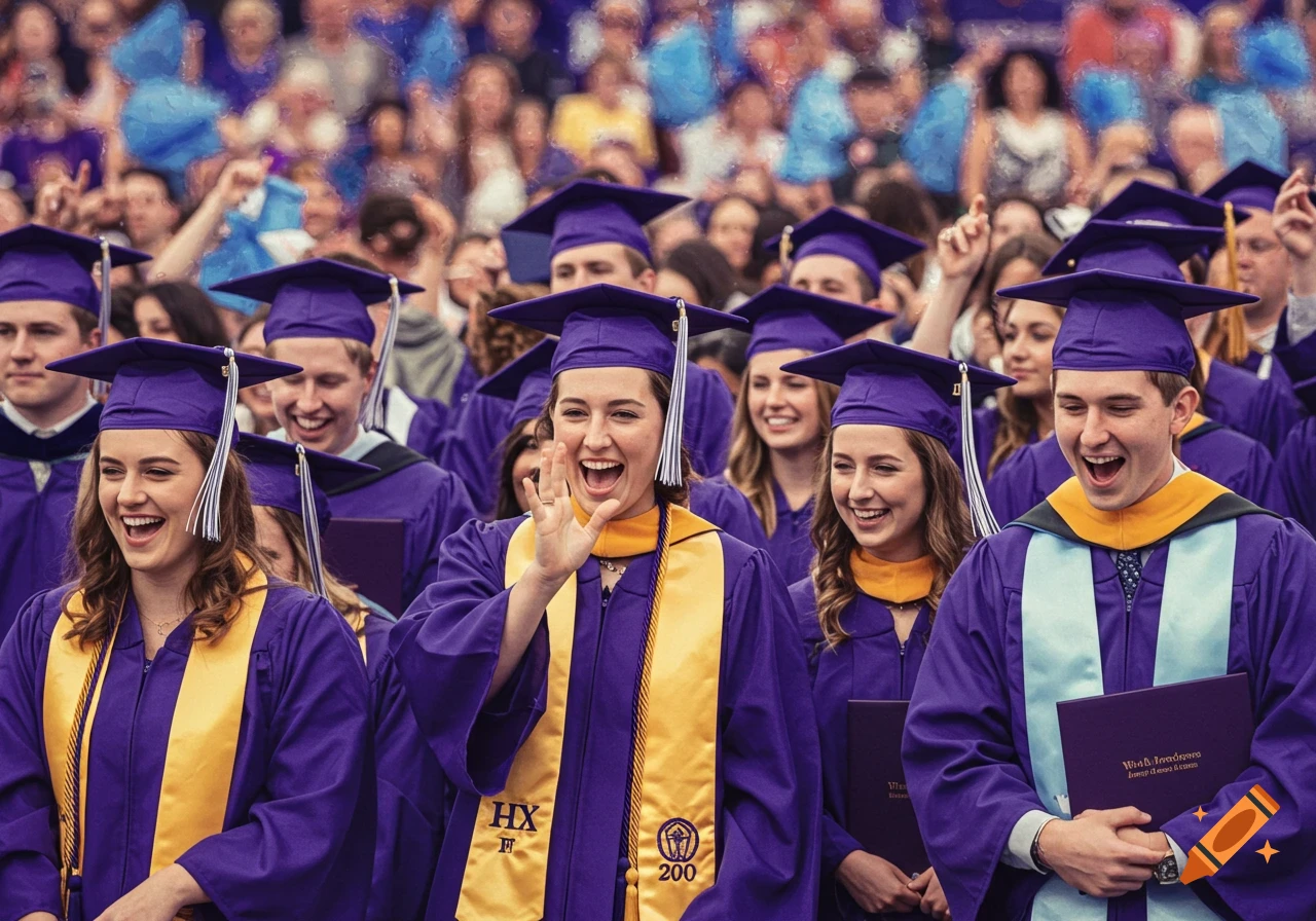 Smiling students in purple and gold graduation gowns and caps at a ceremony.