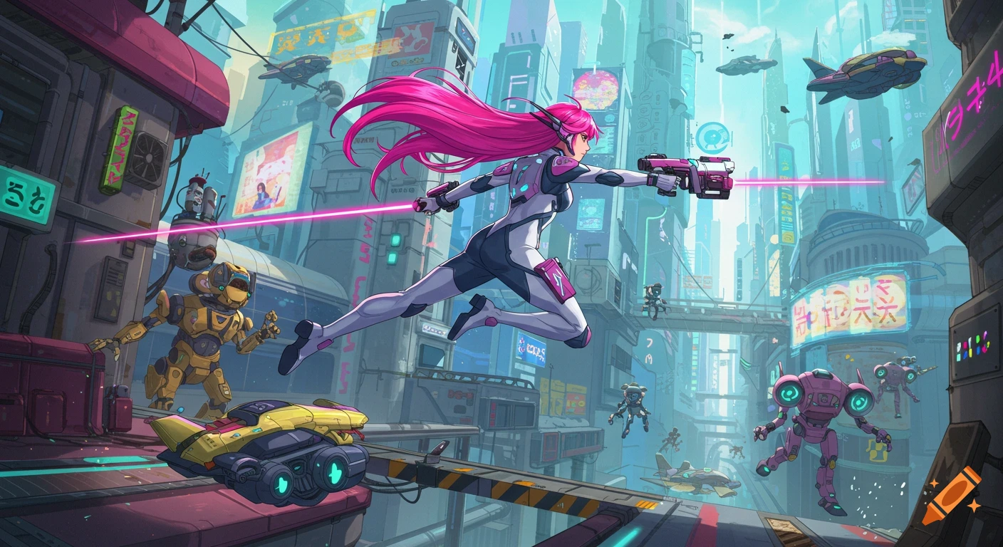 Pink-haired character jumps through a cyberpunk cityscape with robots and hover cars.