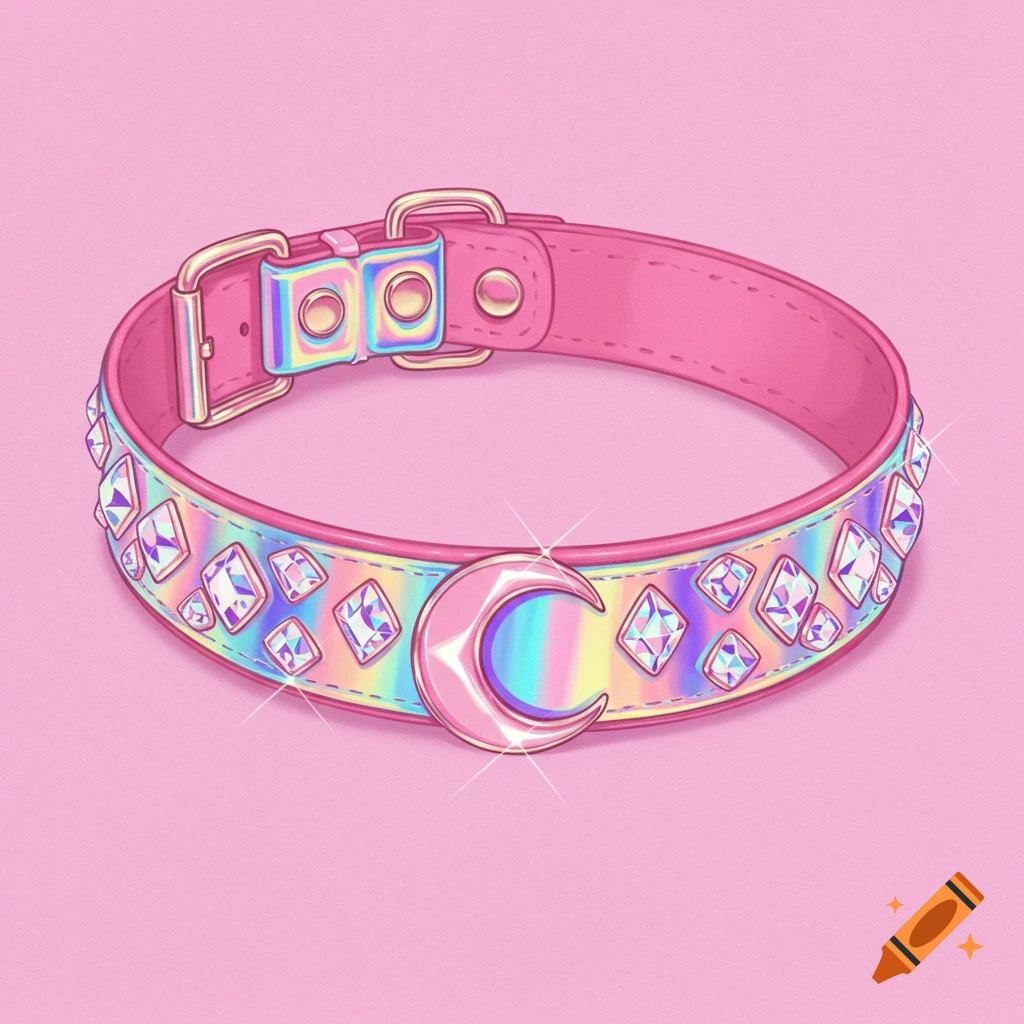 A pink holographic collar decorated with diamonds and a crescent moon pendant.