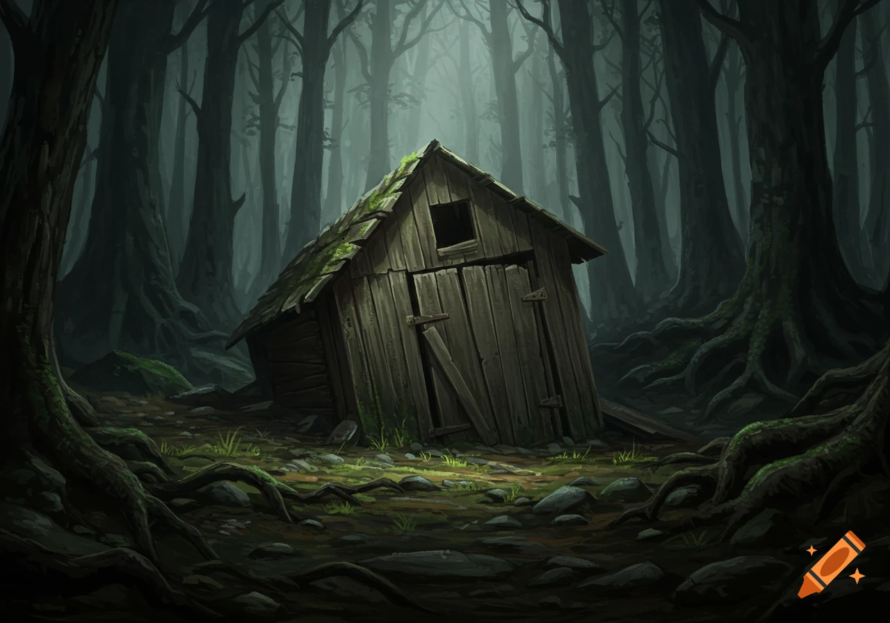 Old wooden shed in a dark, misty forest with thick roots around it.