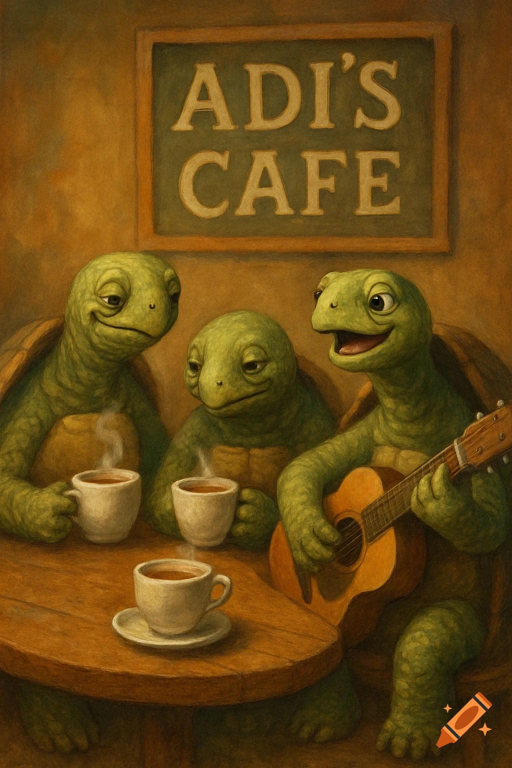 Three anthropomorphic turtles drink coffee at Adi's Cafe, one playing a guitar, in a painterly style.