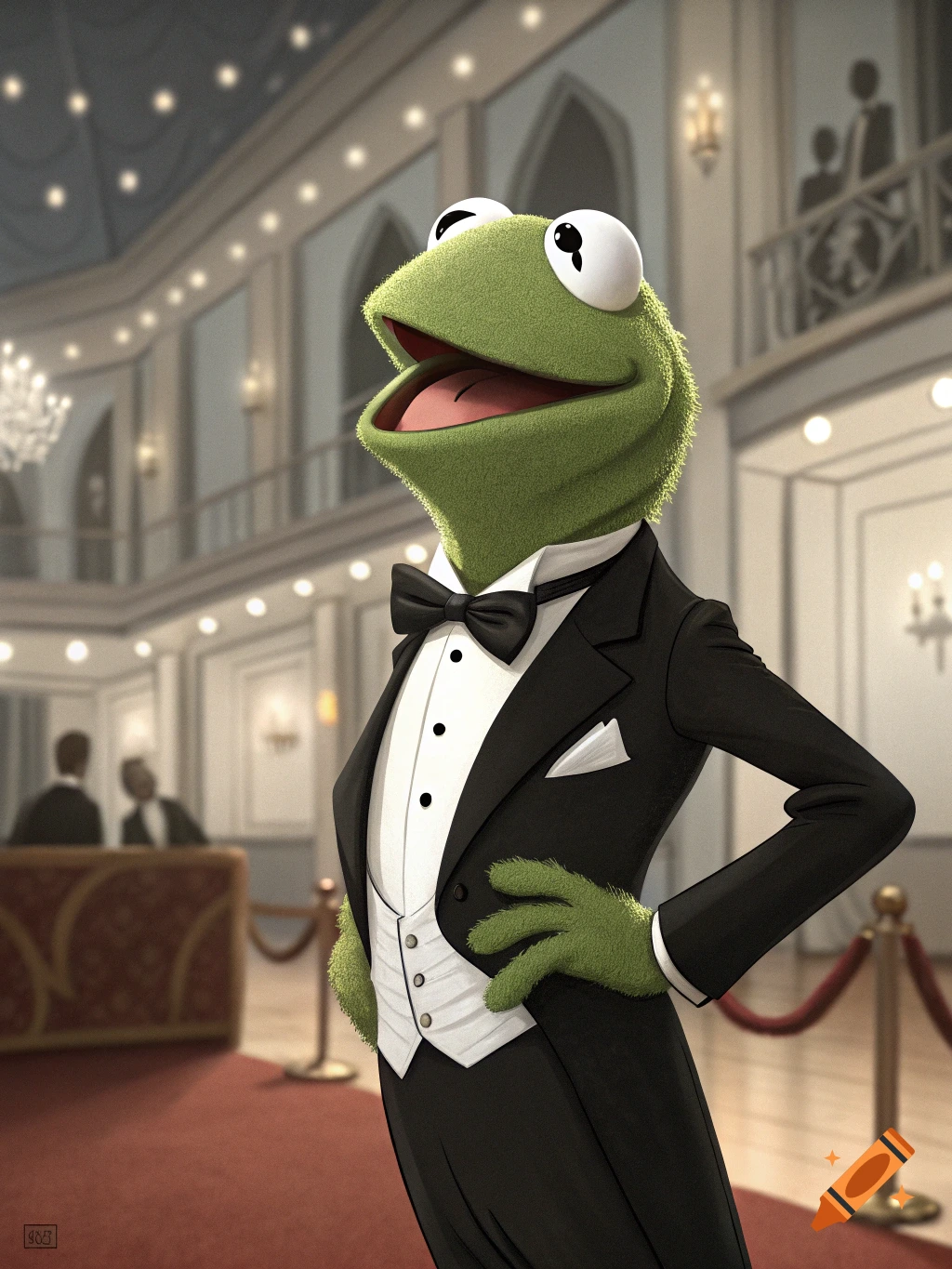 Kermit the Frog wearing a tuxedo in a ballroom