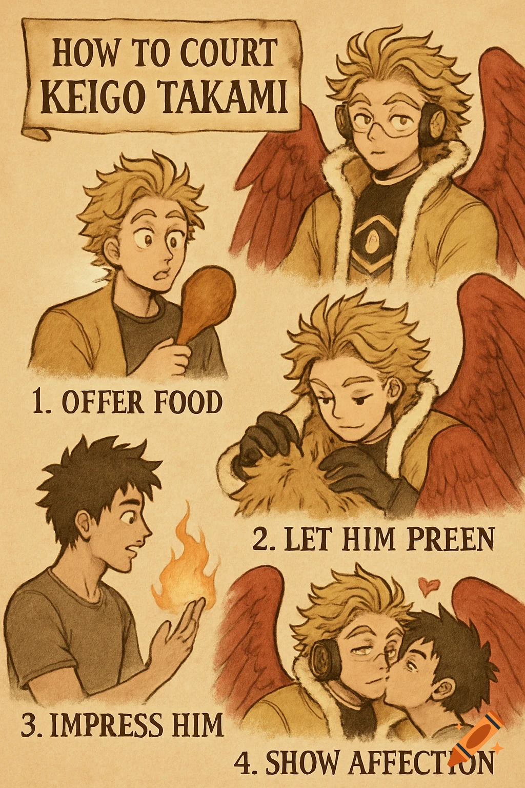 Four panel comic guide on courting Keigo Takami (Hawks). Panels show offering food, preening, impressing, and affection.