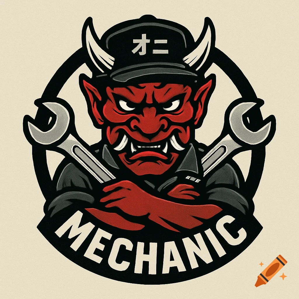 Logo of a red Oni demon wearing a mechanic's hat and holding wrenches