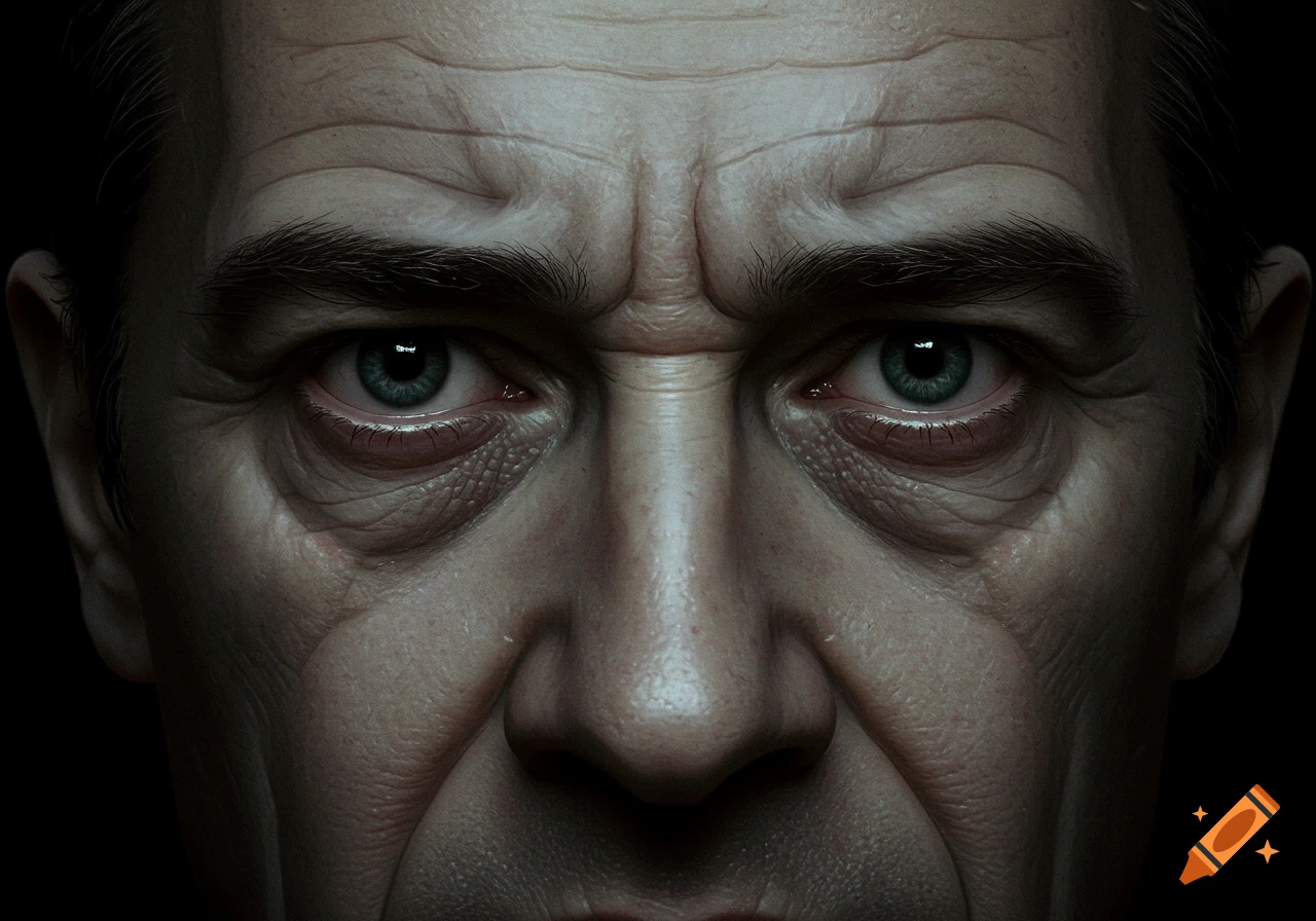 Close-up photorealistic portrait of a man's intense eyes and wrinkled face.