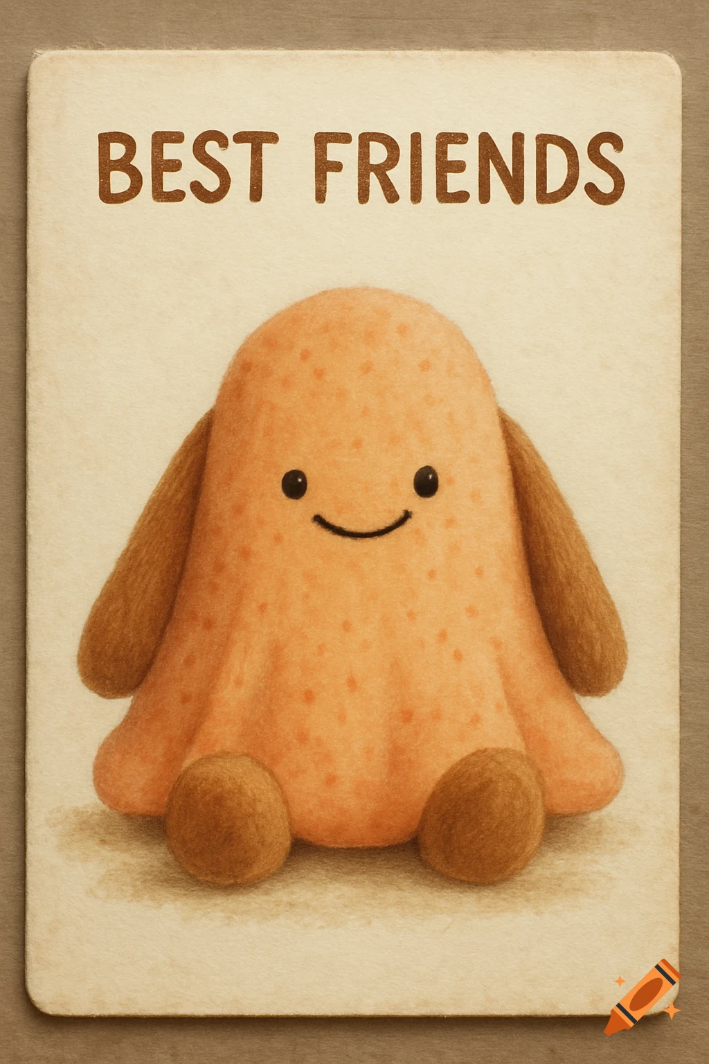 A drawing of a cute orange plush toy with brown limbs sitting on a textured background, with the text "BEST FRIENDS" above it.