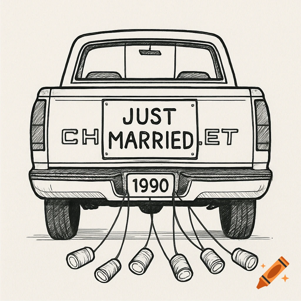 Line art drawing of the back of a 1990s pickup truck with a Just Married sign and cans dragging behind it.