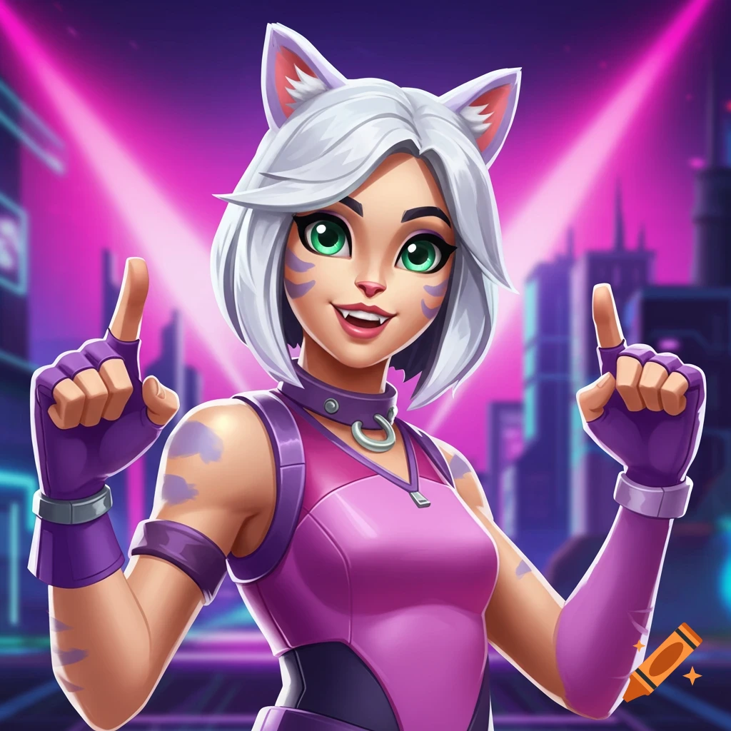 Stylized portrait of a young woman with white hair, cat ears, green eyes, and purple clothing, pointing upwards.