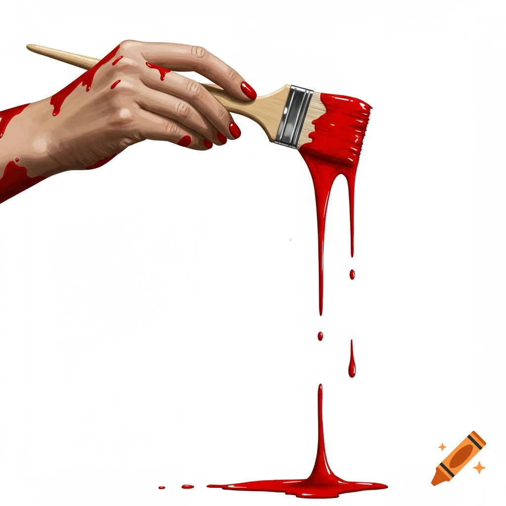 A hand holds a paintbrush dripping red paint onto a white background.
