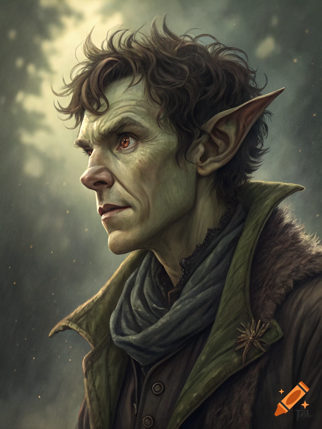 Portrait of a fantasy character with pointed ears and green skin.