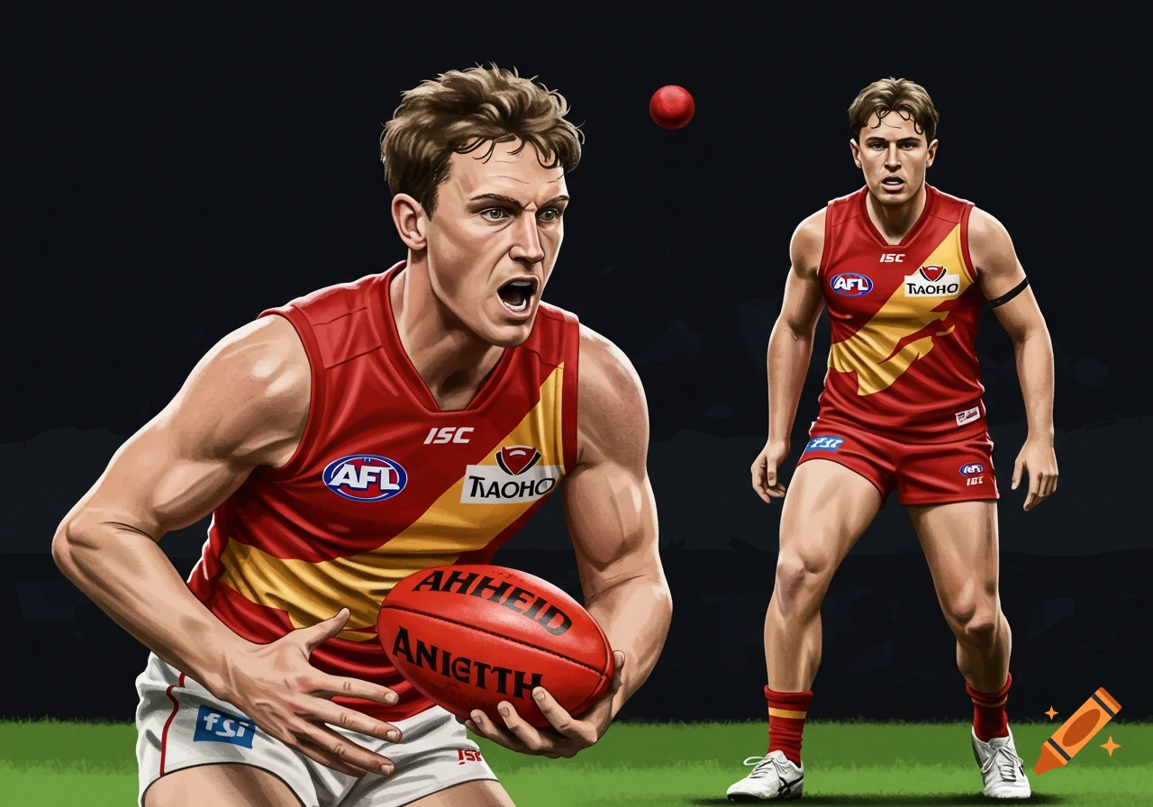 Illustration of two athletes in red and gold uniforms playing a sport with an oval ball.