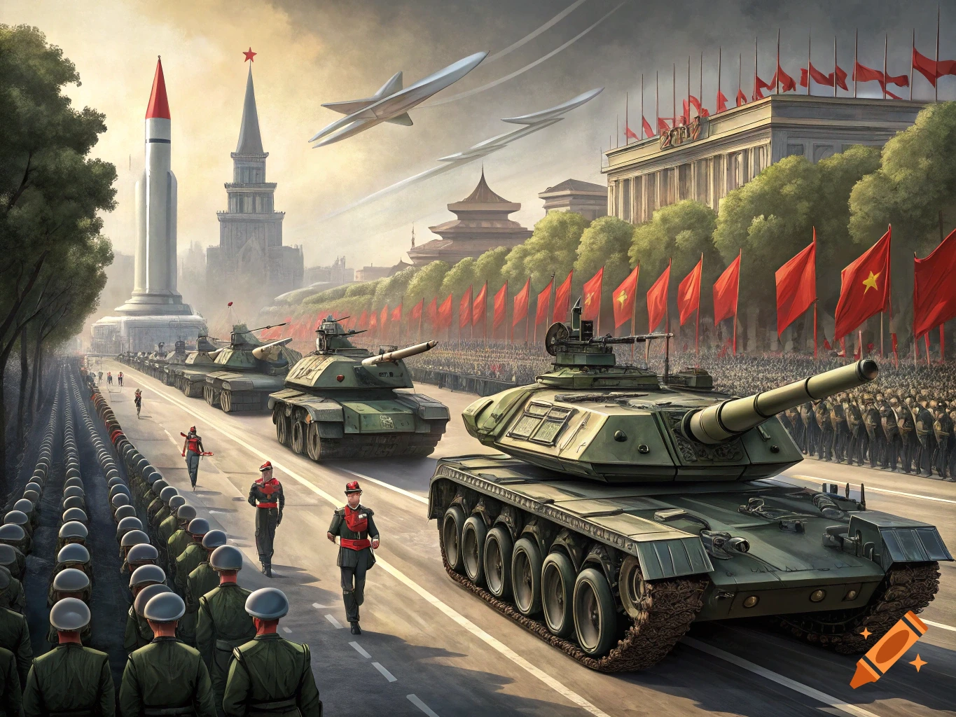 Military parade with tanks, soldiers, a rocket, and jets flying over buildings and red flags.