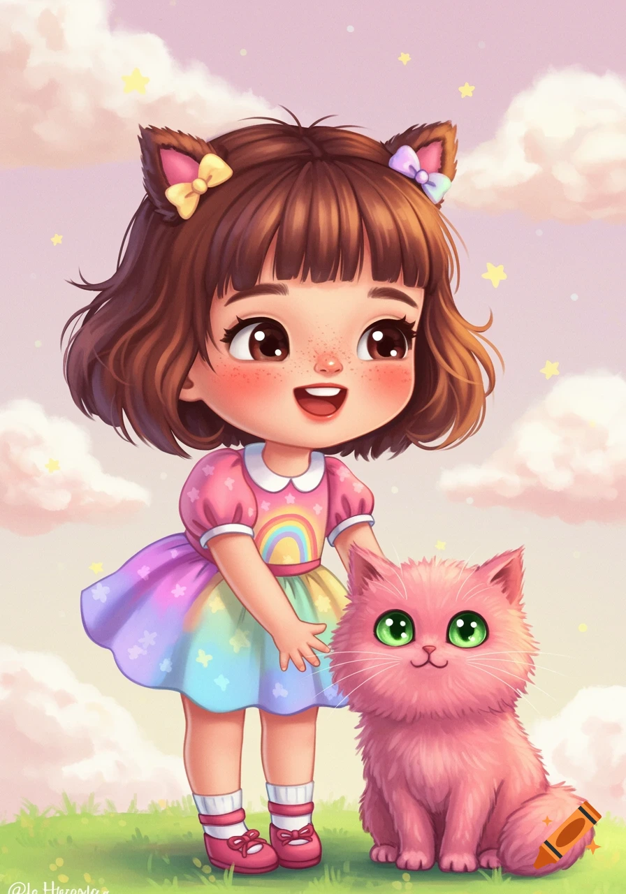 Illustration of a cute girl with cat ears and a rainbow dress standing next to a fluffy pink cat in a field.