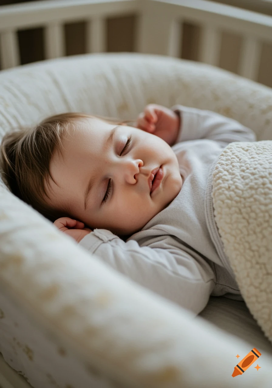 Close-up of a baby sleeping soundly in a bassinet under a blanket