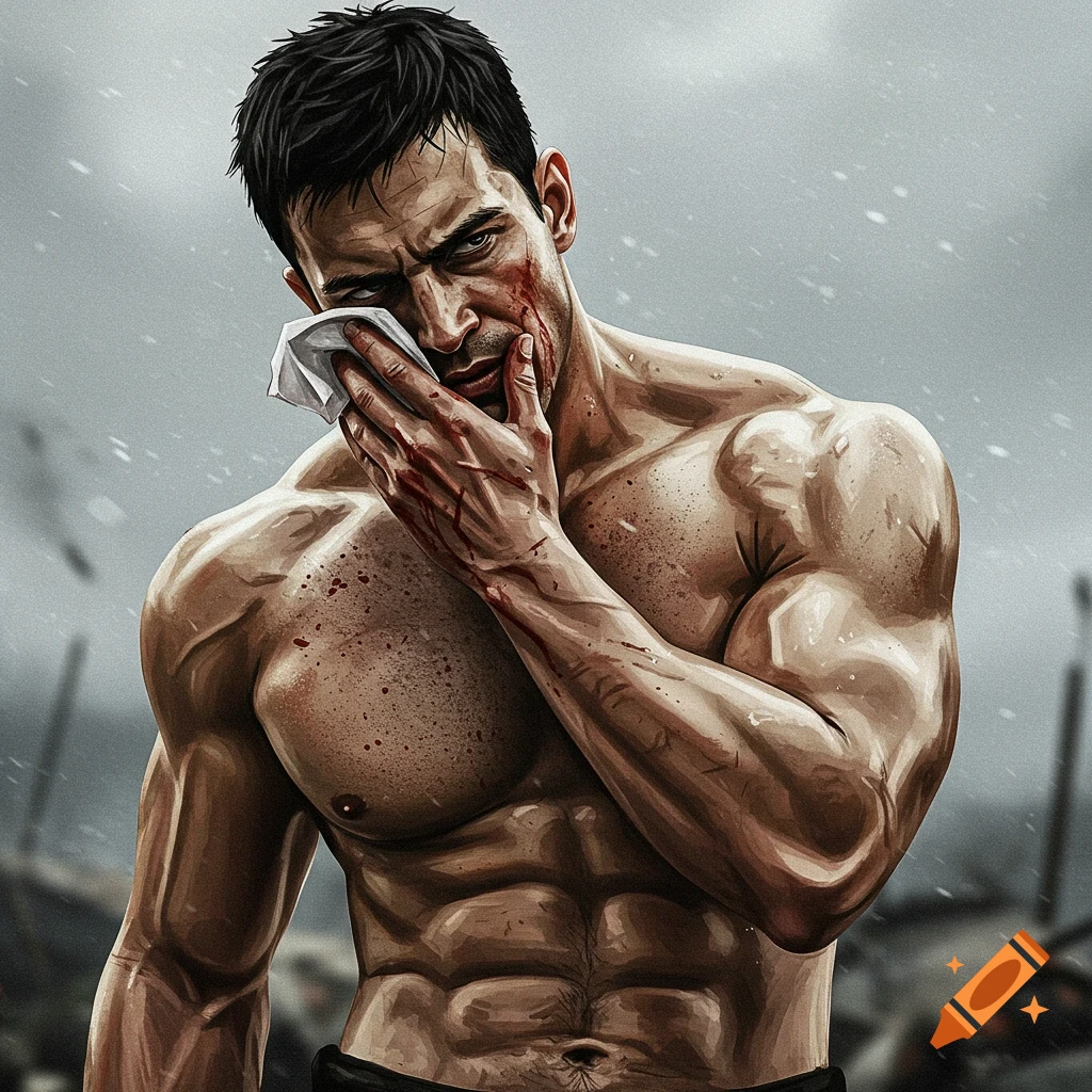 Illustration of a muscular man wiping blood from his cheek after a fight.