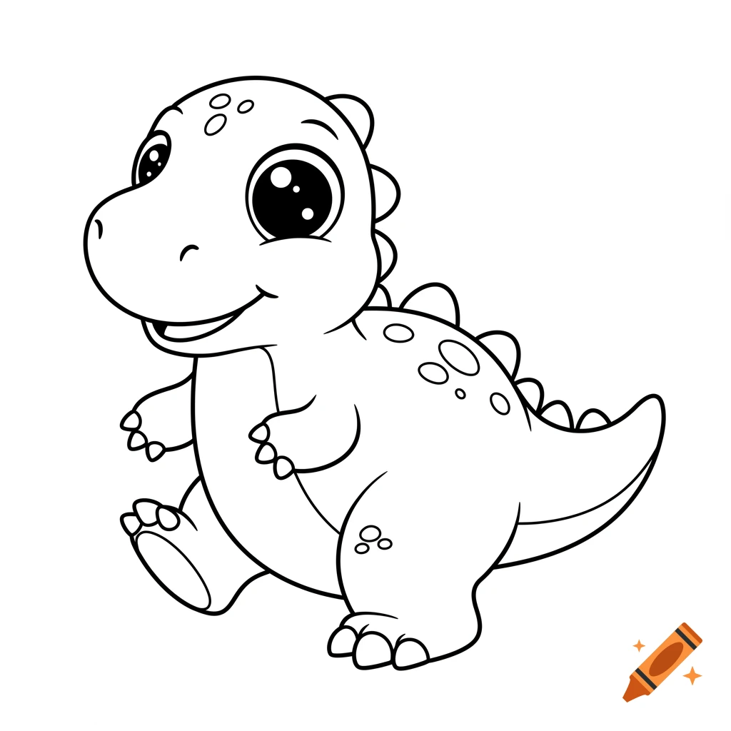 Black and white line art of a cute baby dinosaur coloring page.