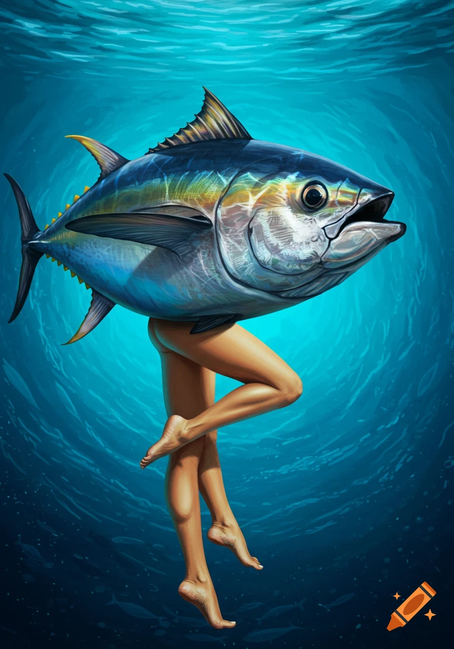 A surreal illustration of a tuna fish head with human legs standing underwater.