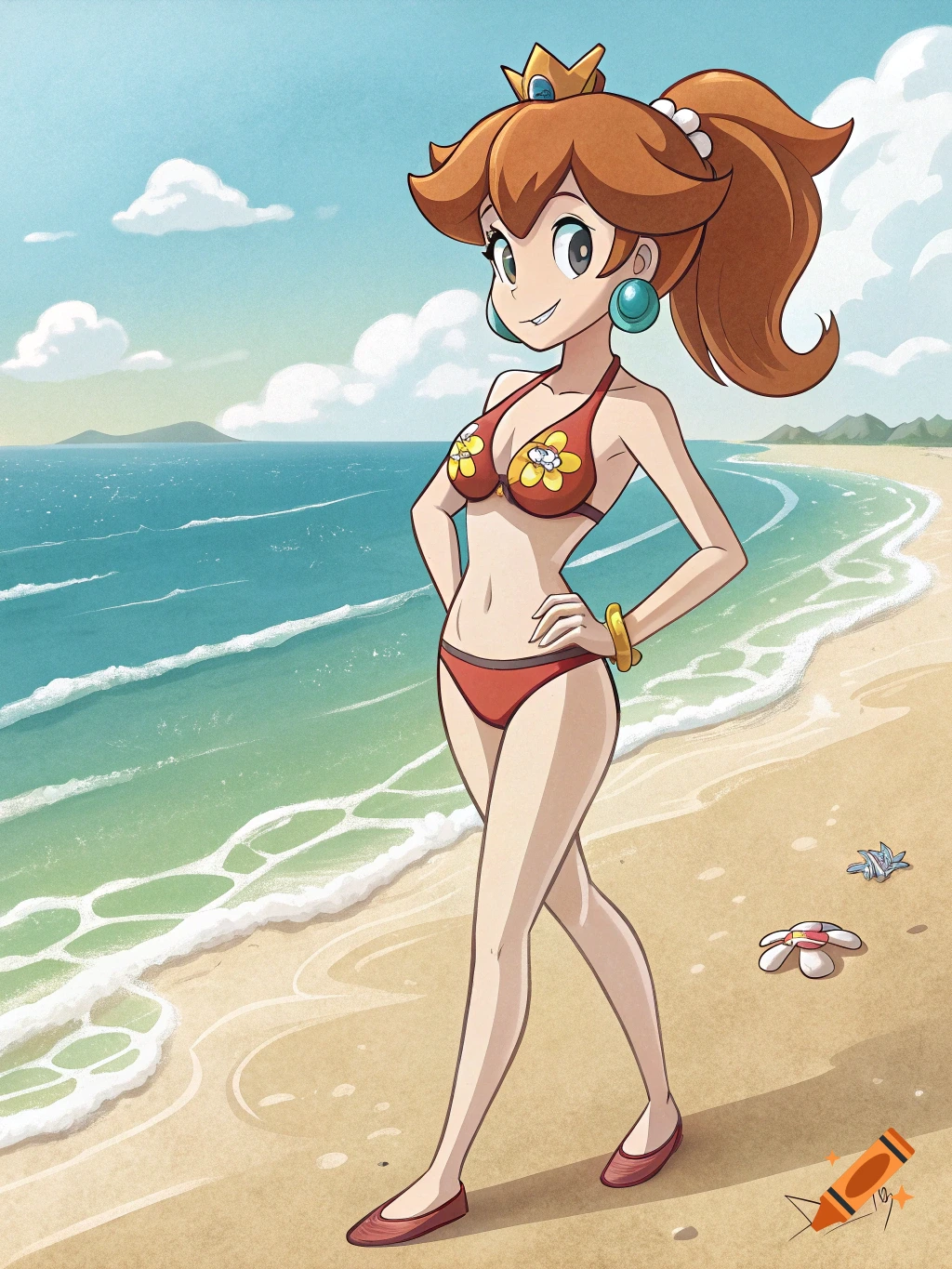 Princess Daisy in a bikini walking on a beach in an anime style.