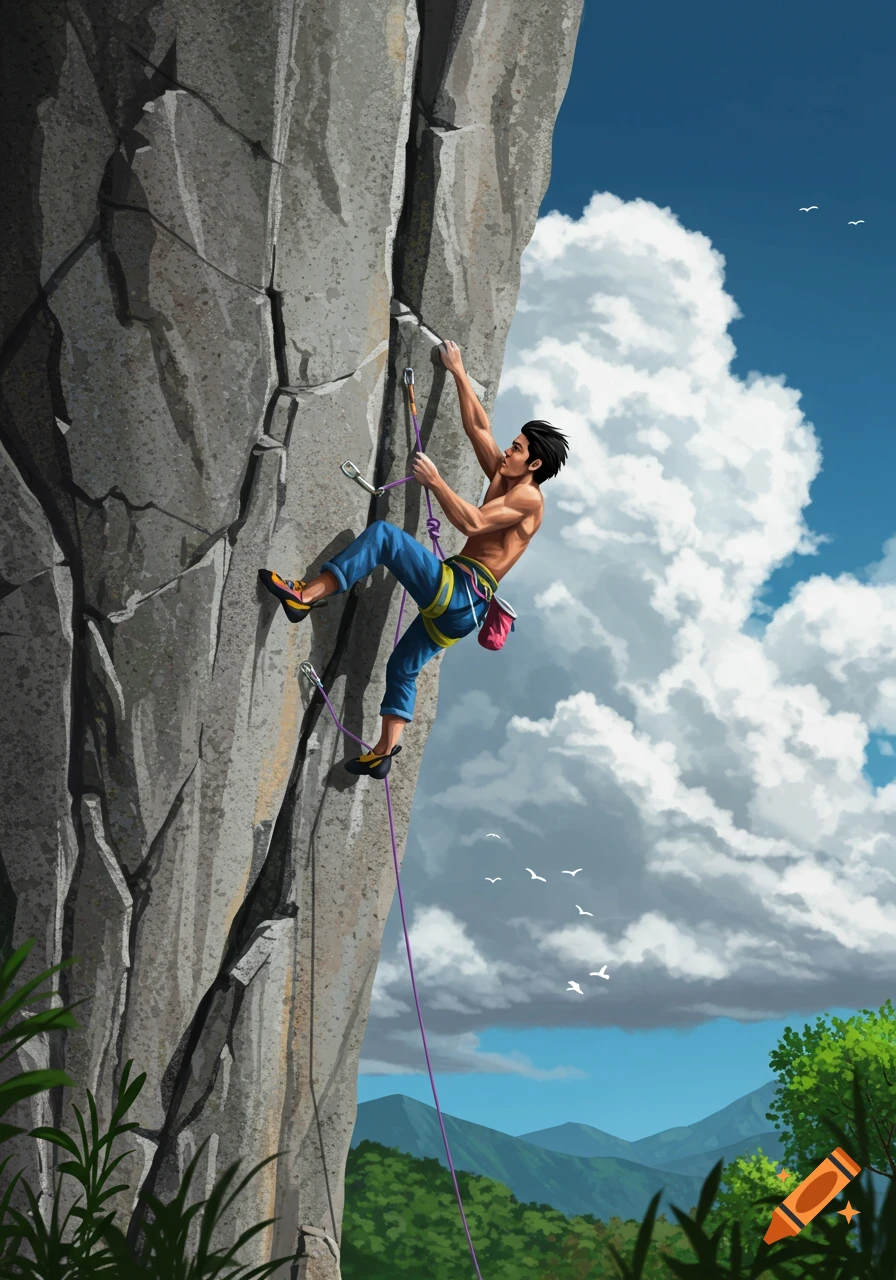 An illustration of a man rock climbing on a large grey rock face against a blue sky with clouds and mountains in the background.