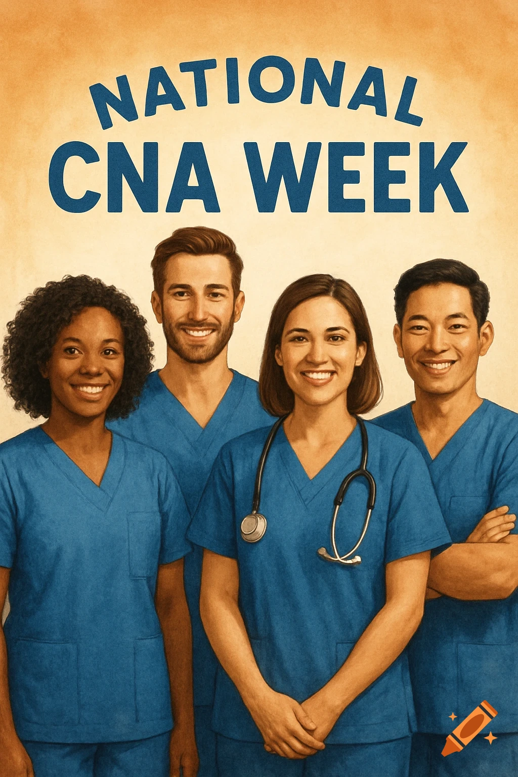 Four smiling healthcare workers wearing blue scrubs. Text reads 'NATIONAL CNA WEEK'.