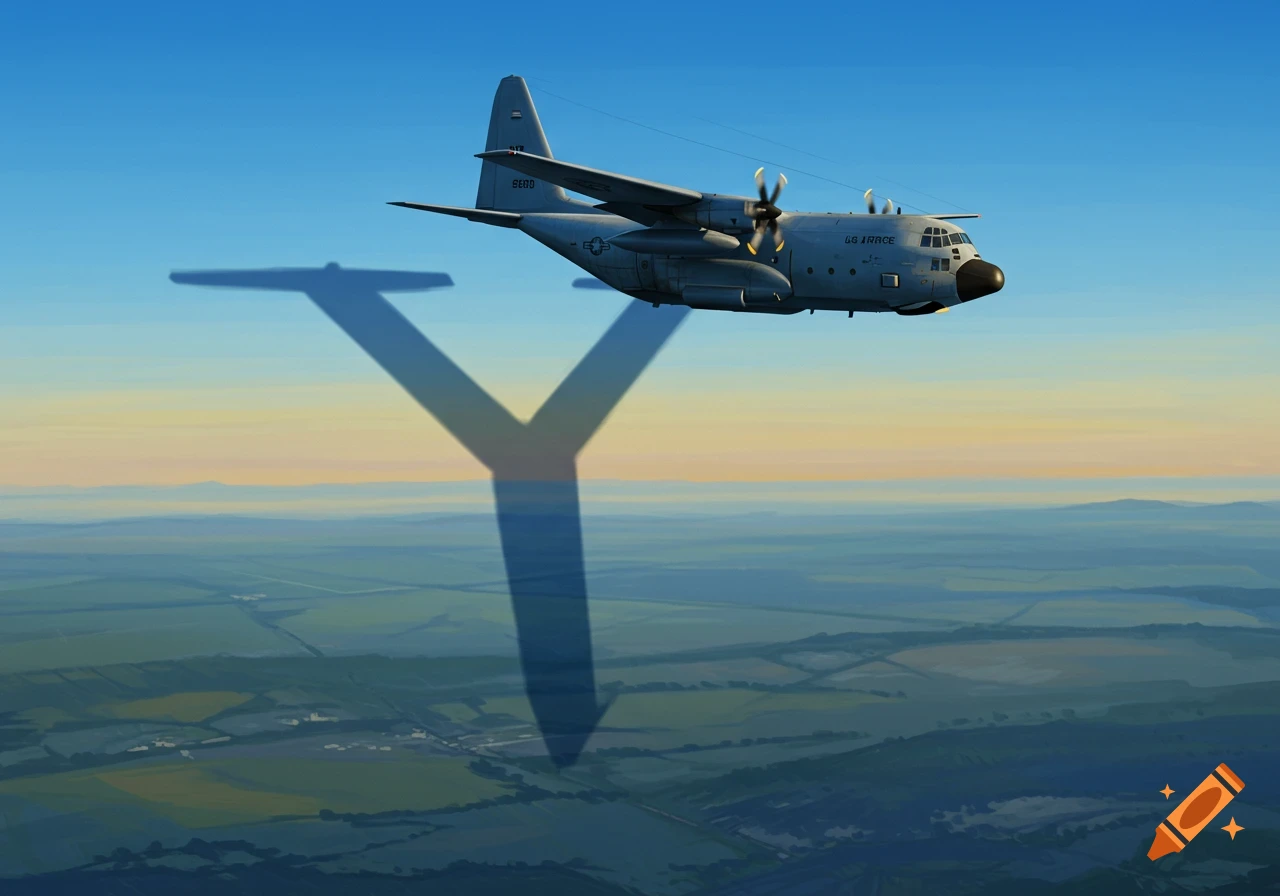 A C-130 aircraft casts a Y-shaped shadow over a landscape.