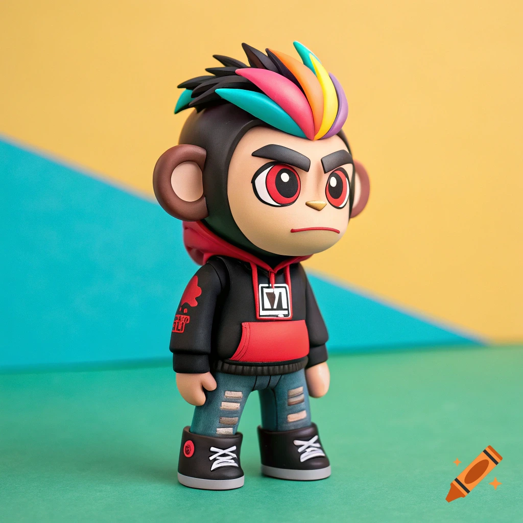 Stylized monkey figure toy with colorful hair, black hoodie, and jeans.