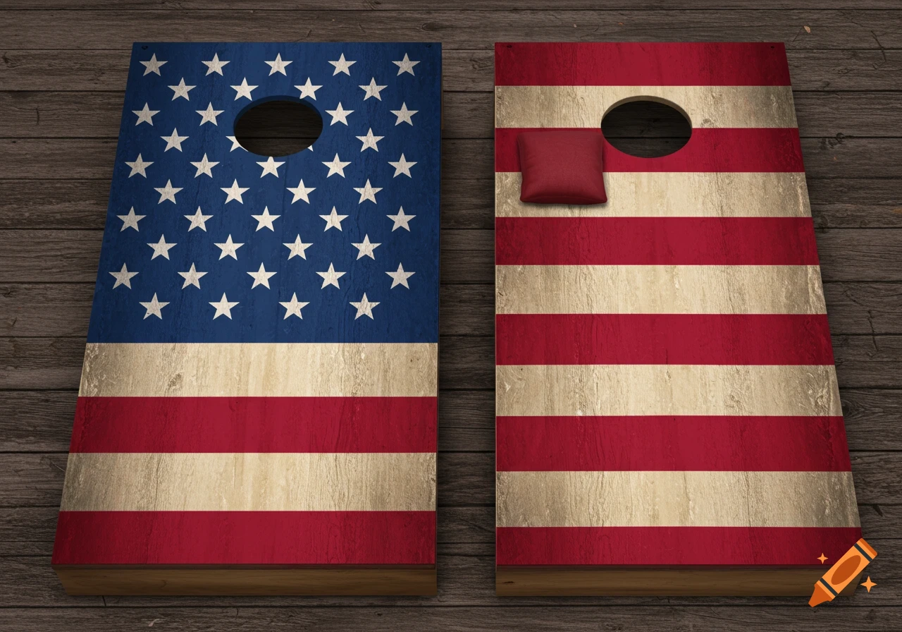Two weathered American flag cornhole boards with a red beanbag on a wooden background.