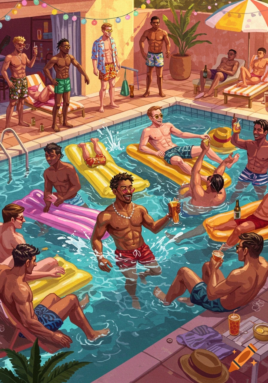 Illustration of diverse men enjoying a pool party with drinks and inflatable rafts.