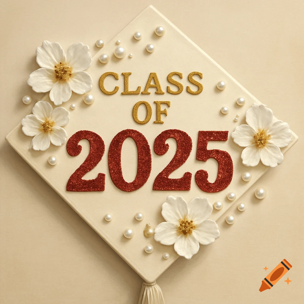 Graduation cap decorated with gold 'CLASS OF' and red glitter '2025', white flowers, and pearls.