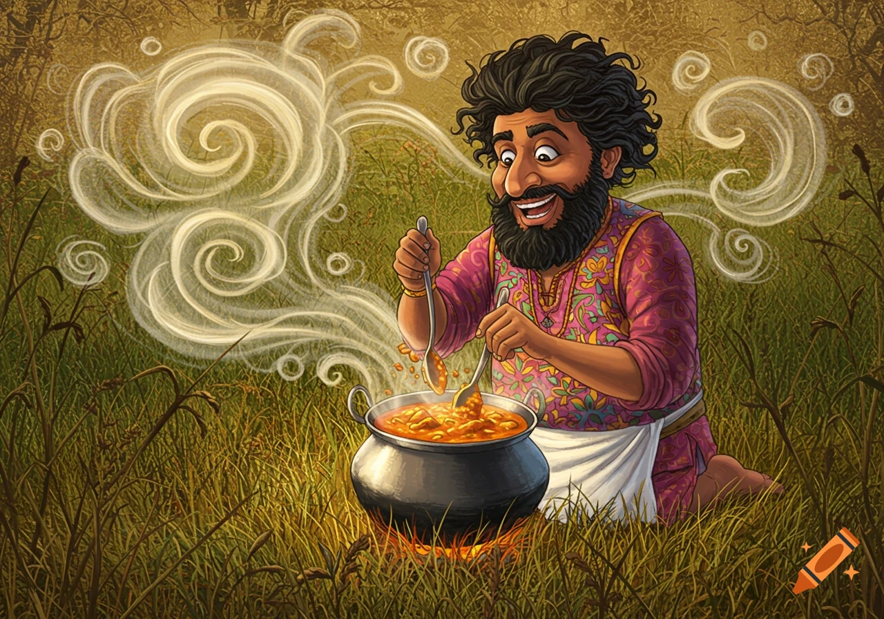Illustration of an Indian man stirring a large pot of curry outdoors, with swirling steam rising from the pot.