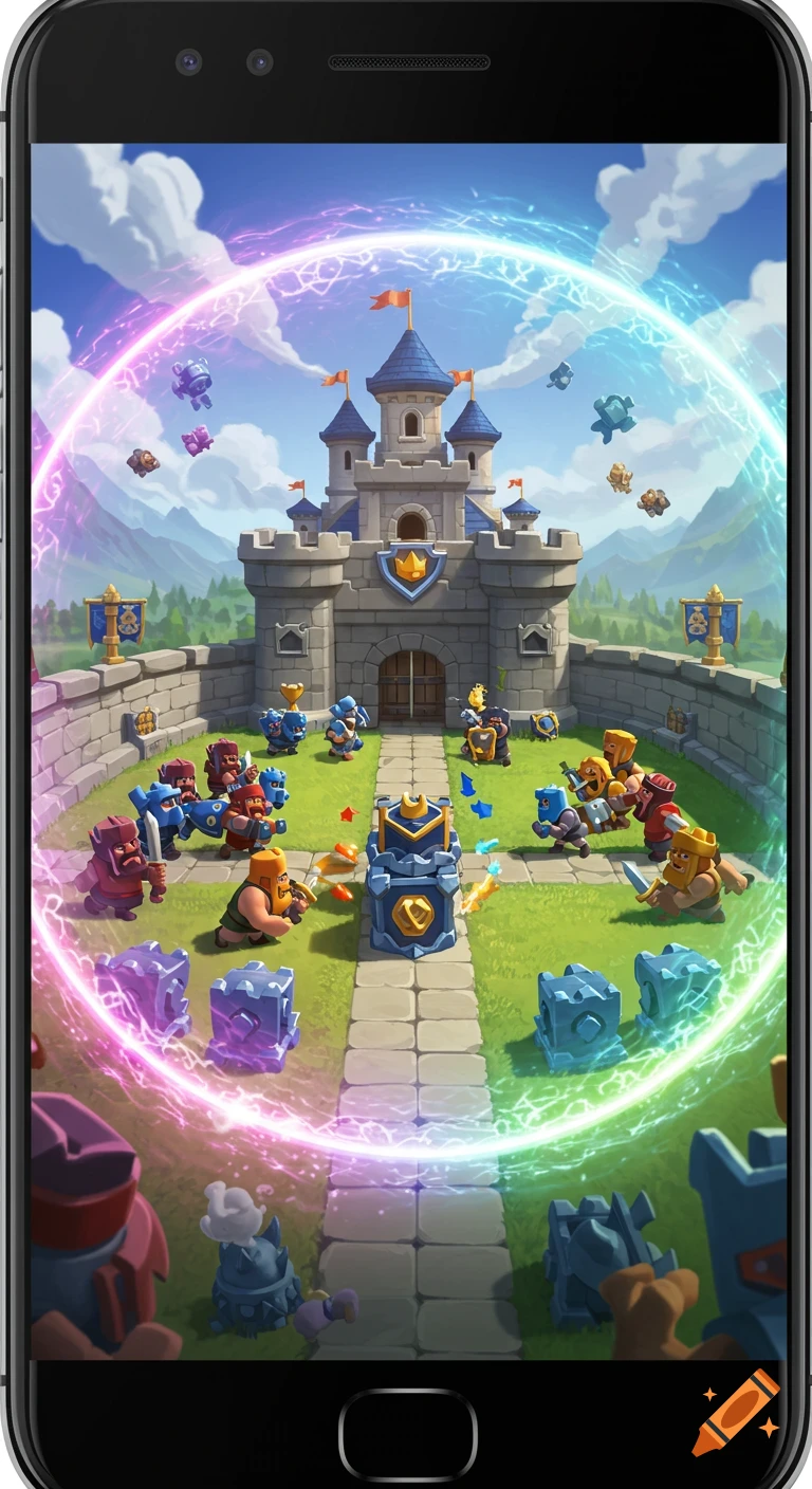 Cartoonish fantasy battle scene around a castle with small characters fighting.