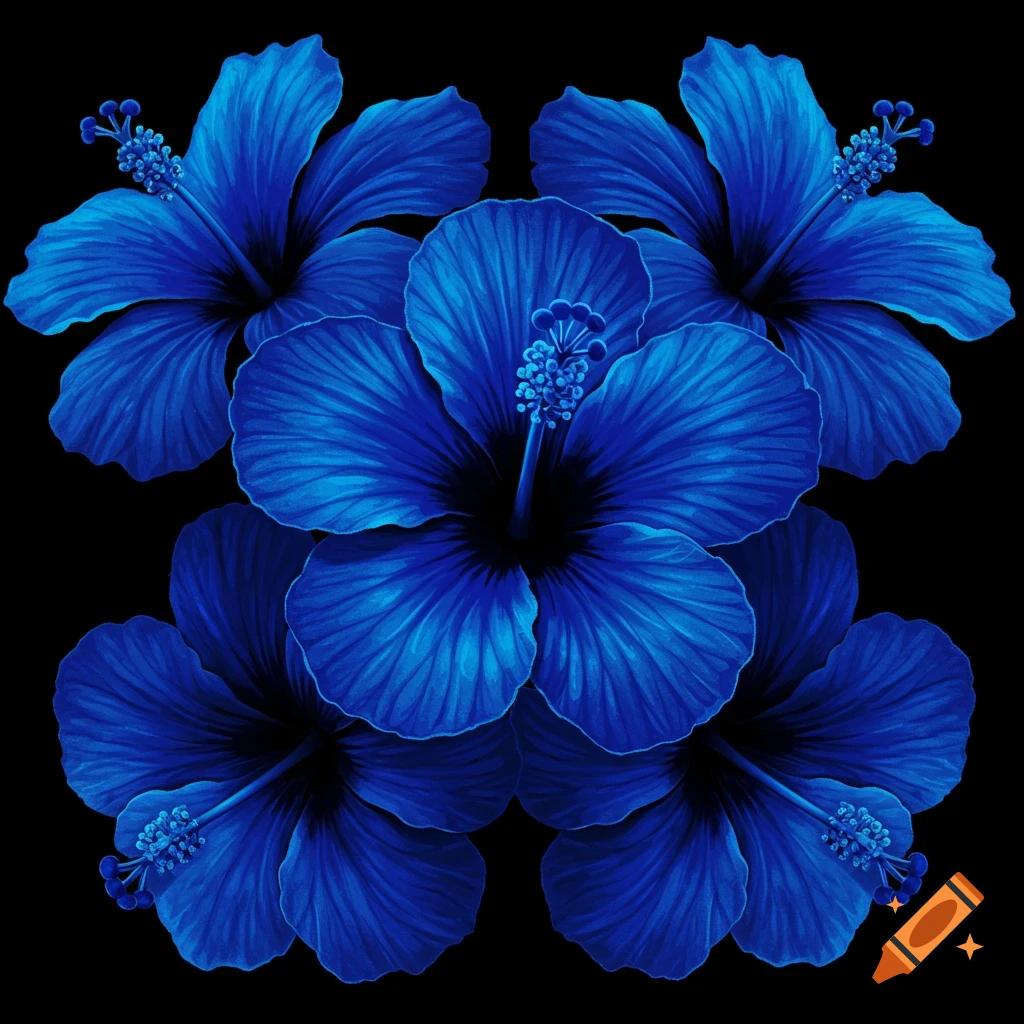 Pattern of blue hyperrealistic hibiscus flowers on black background