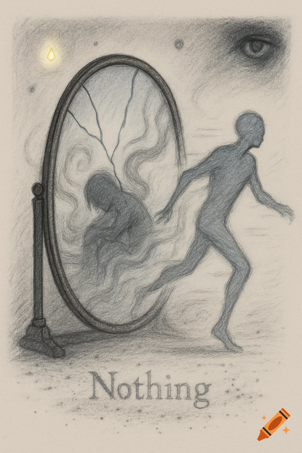 Pencil drawing of a figure running from reflection in a cracked mirror with smoky swirls, text 'Nothing'.