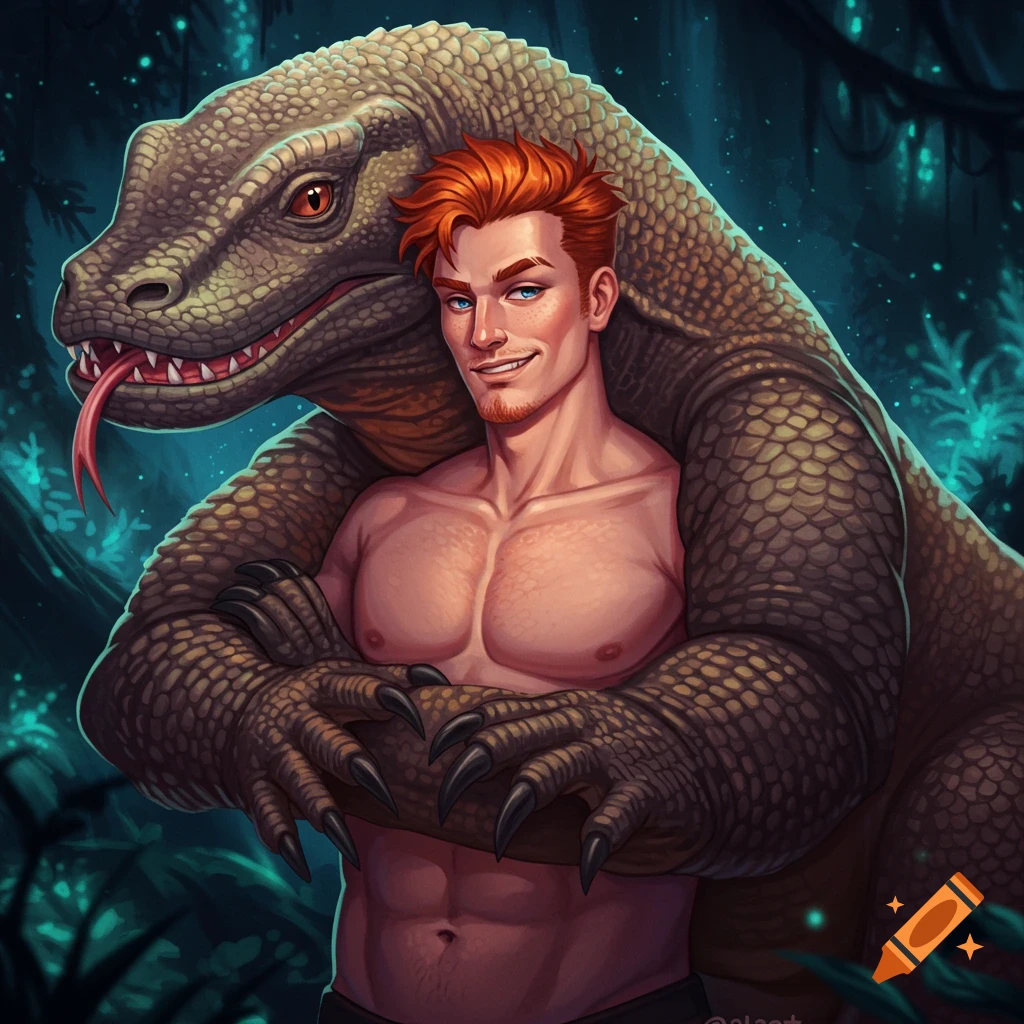 Ginger-haired man with defined abs hugged by a large reptile in a jungle setting.