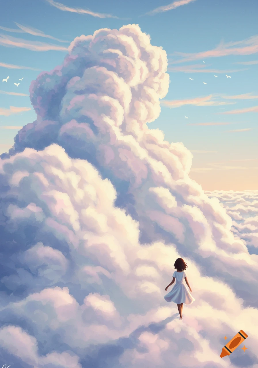 A person in a white dress stands on billowing clouds under a bright sky, digital painting.