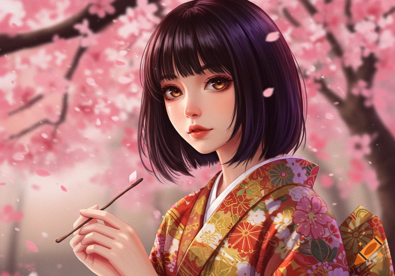 Anime girl in a kimono holding a stick among cherry blossoms.