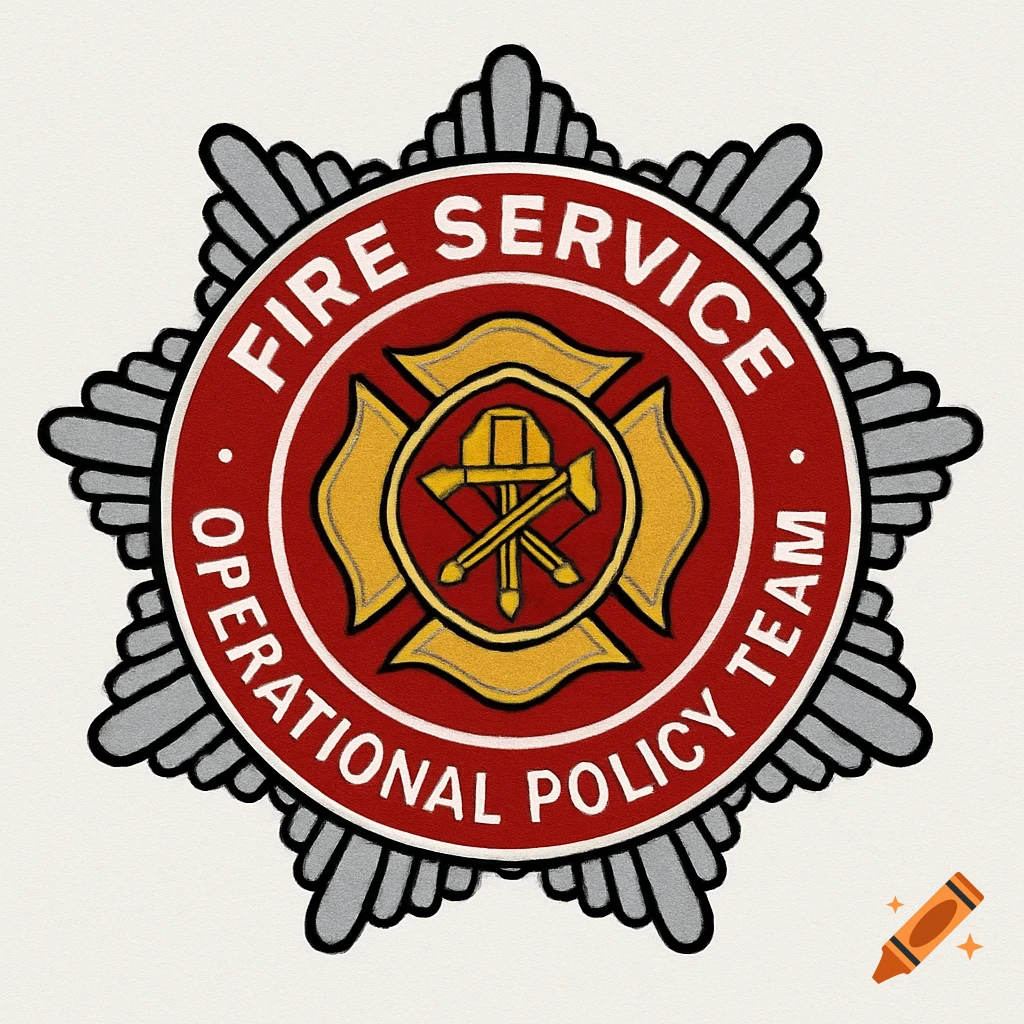 A red and gold fire service badge with text.