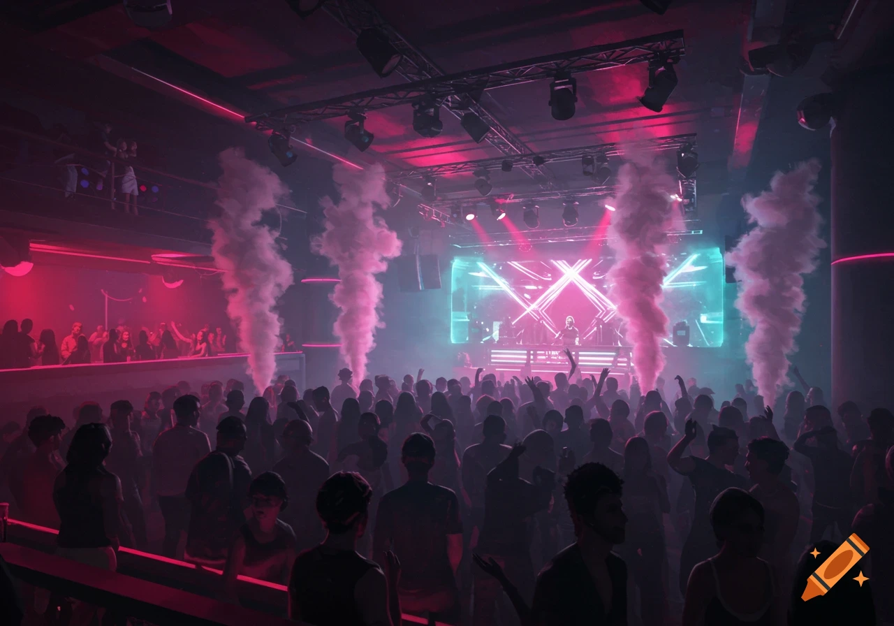 Crowded nightclub scene with a DJ on stage, stage lights, and rising smoke effects.