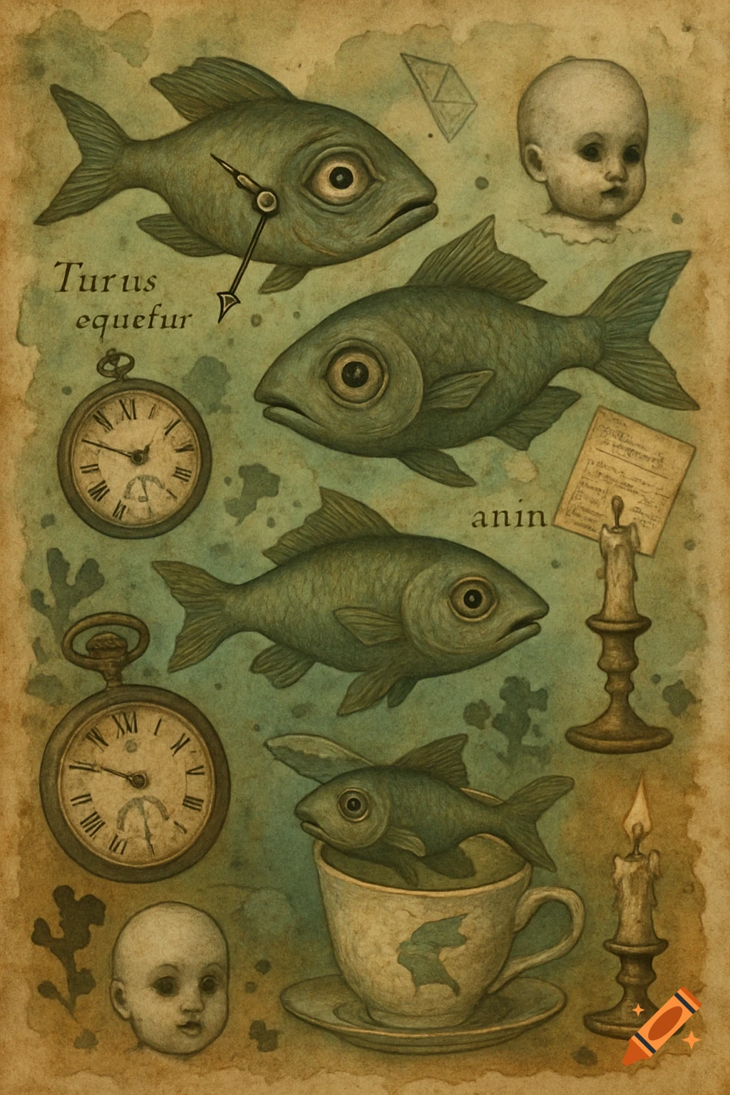 Surreal vintage collage with fish, clocks, doll heads, and candles on old paper texture.