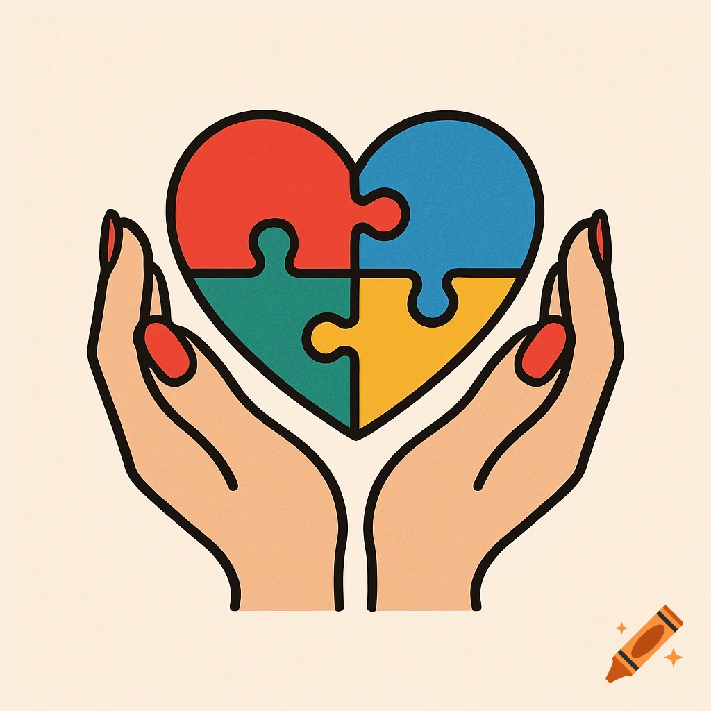 Illustration of two hands holding a heart made of four colorful puzzle pieces.
