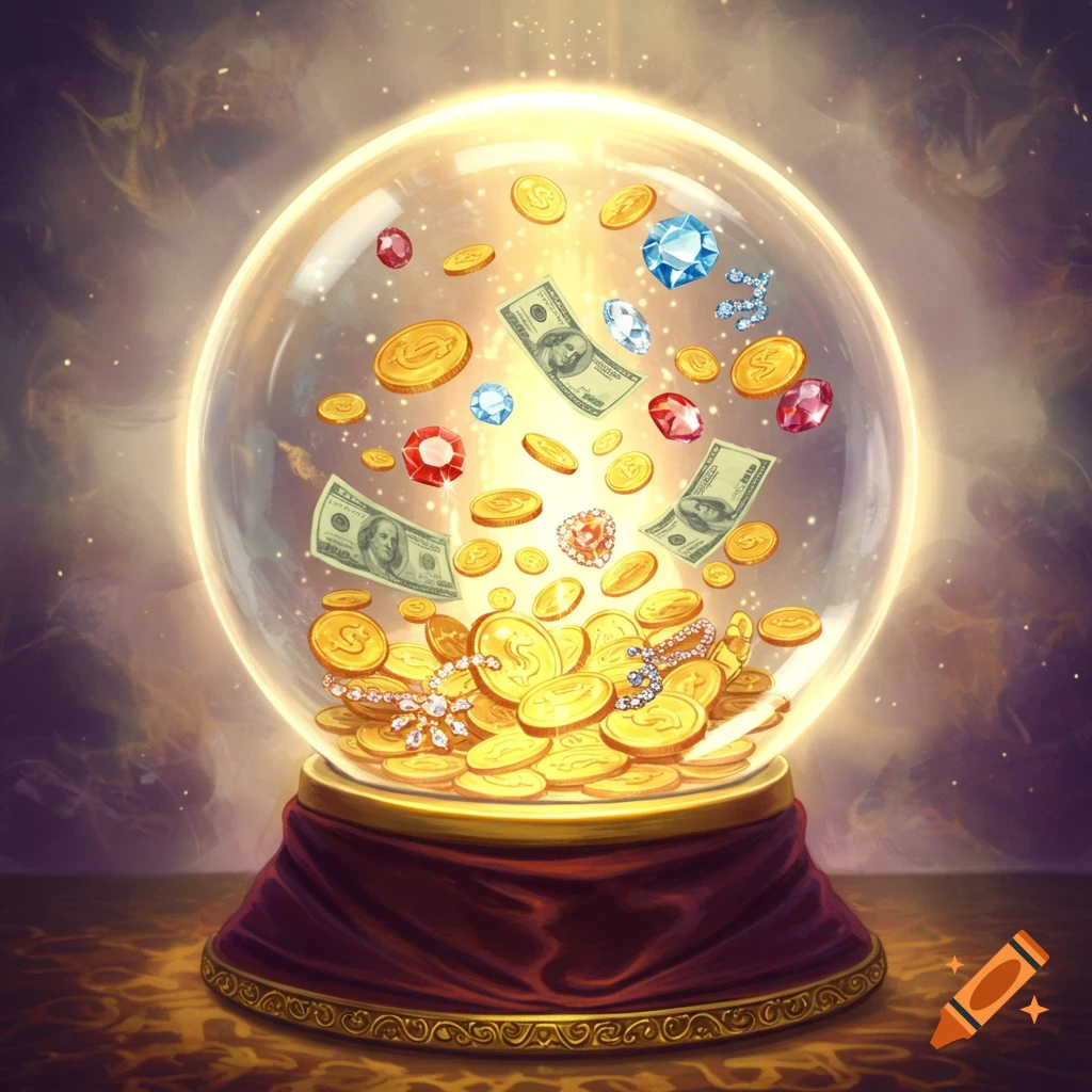 A glowing crystal ball filled with gold coins, dollar bills, and gems on a decorative base.