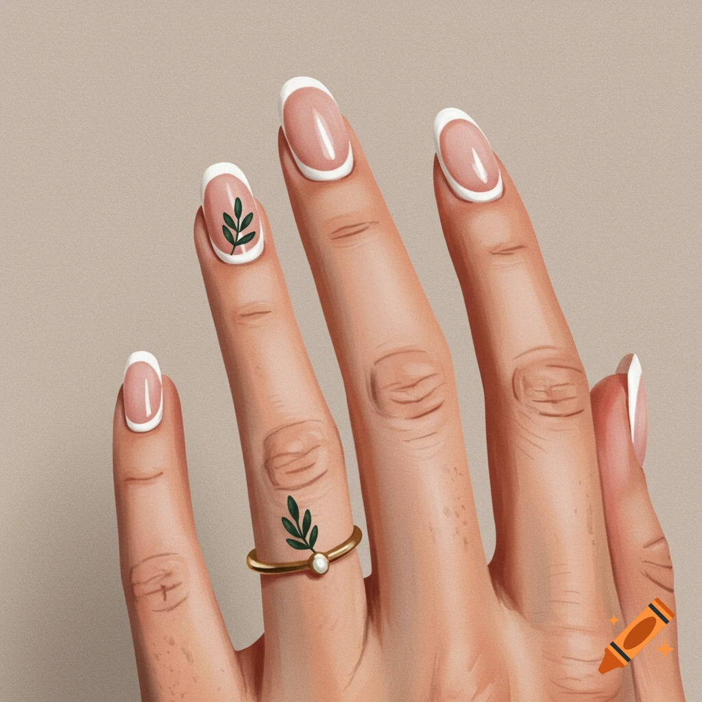 Illustrated hand with French tip nails, leaf design, and ring.