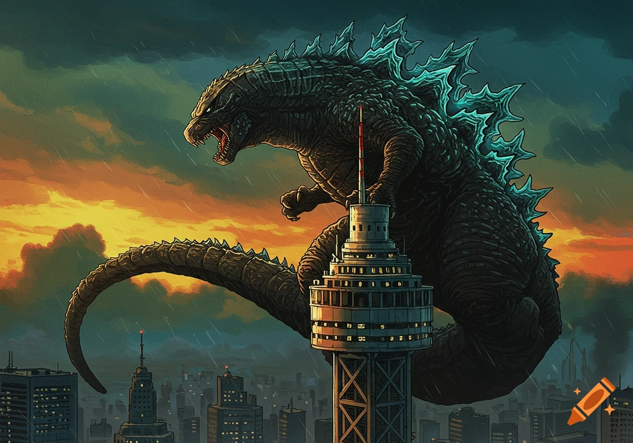 Godzilla climbs a tall tower in a city during a rainstorm, illuminated by a sunset sky.