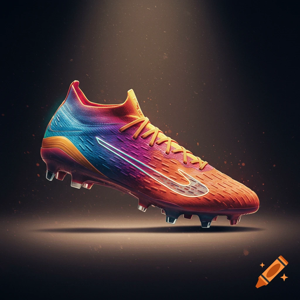 A vibrant multi-colored soccer cleat.