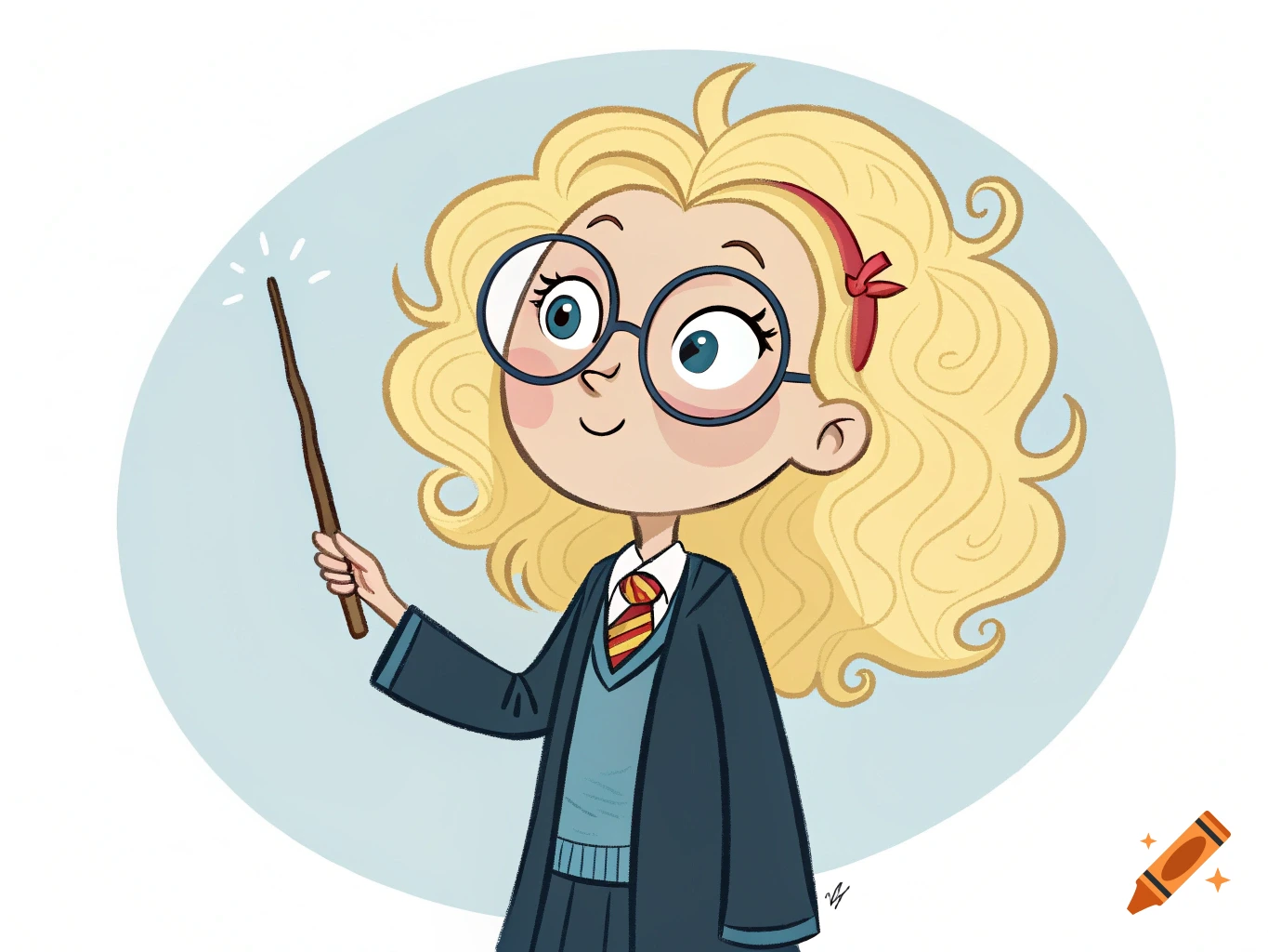 A cartoon illustration of a young girl with blonde curly hair and round glasses, wearing a wizard uniform and holding a glowing wand.