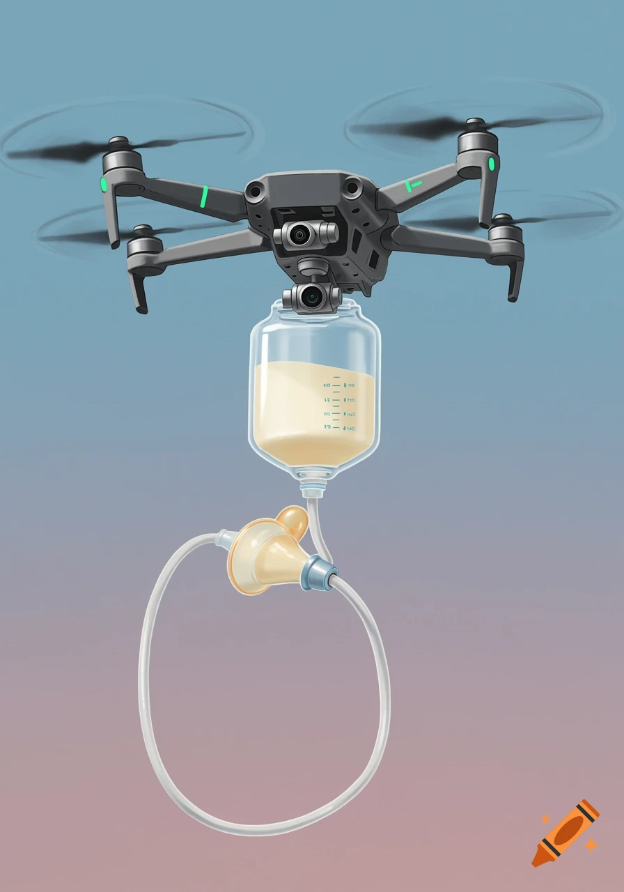 A drone flies carrying a bottle of liquid connected to a hose with a nipple.