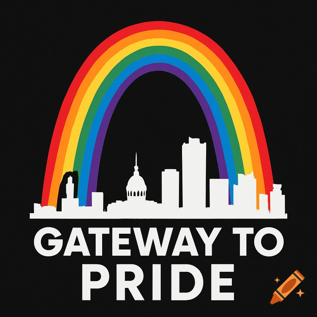 Rainbow arch over a white silhouette of the St. Louis skyline on a black background with the text 'Gateway to Pride'.