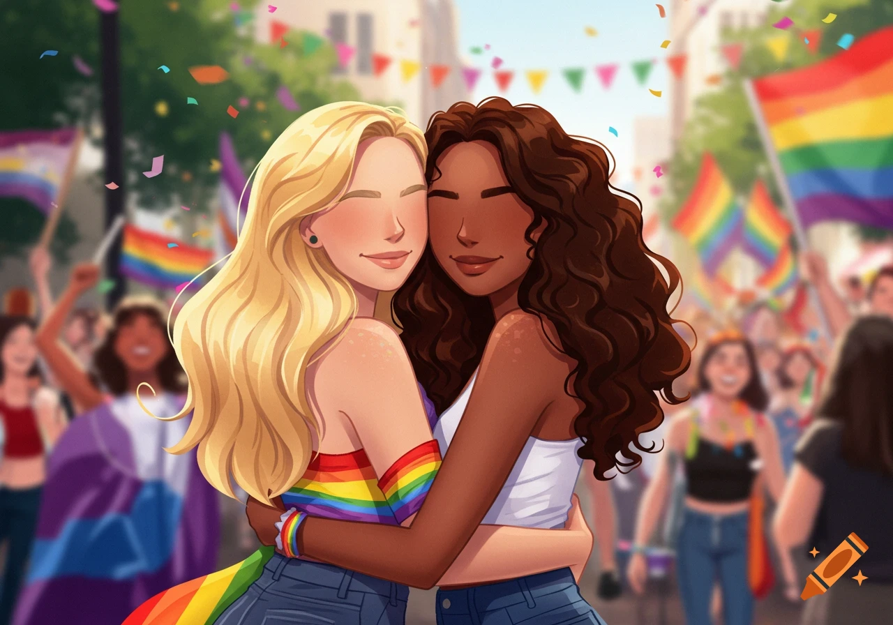 Illustrated scene of two women hugging at a pride event with rainbow flags and confetti.