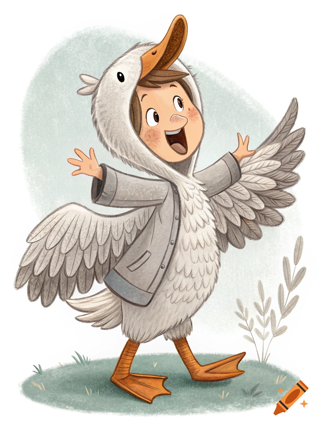 Illustration of a happy child wearing a goose costume walking on grass.
